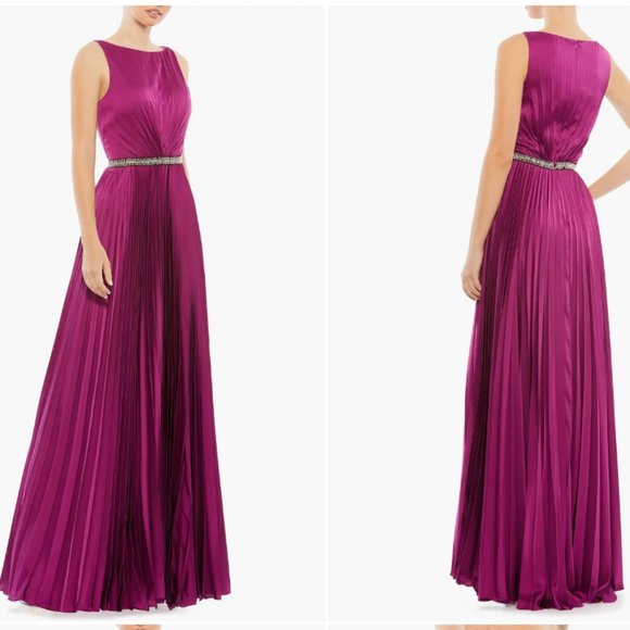 MAC DUGGAL PLEATED SLEEVELESS BATEAUSATIN BERRY GOWN sz 8 - Picture 1 of 5
